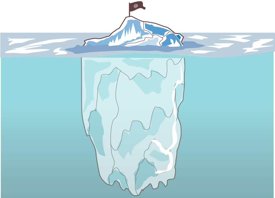 Seja o primeiro a alcançar a parte submersa do iceberg, vá mais fundo que os outros que só esperam o cliente chegar com um problema específico do cliente. Na imagem, um iceberg tem só um pequeno pedaço à vista, enquanto grande parte está abaixo d'água. Em seu topo, uma bandeira com "@".