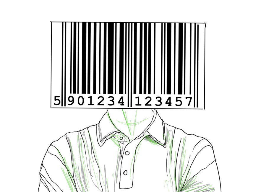 O seu público acha caro o que você vende? Na imagem, a cabeça de um homem dá lugar a um imenso código de barras.