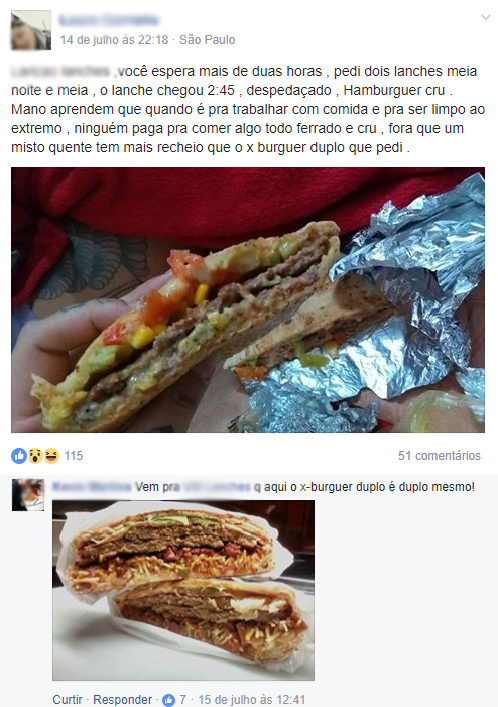 Comentário em postagem de lanche