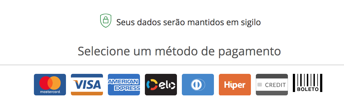 Dar opções de pagamento variadas para o cliente no checkout ajuda a aumentar a taxa de conversão. Na imagem, uma seleção de ícones das principais bandeiras de cartão e boleto.