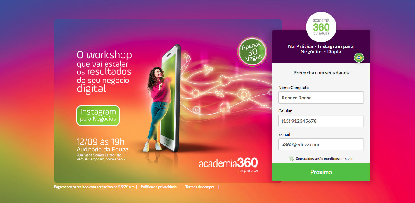 Com o checkout Sun é possível personalizar as informações para proporcionar a melhor experiência para o seu cliente. Na imagem, mostramos um exemplo de checkout personalizado com a identidade visual do evento da Academia 360.