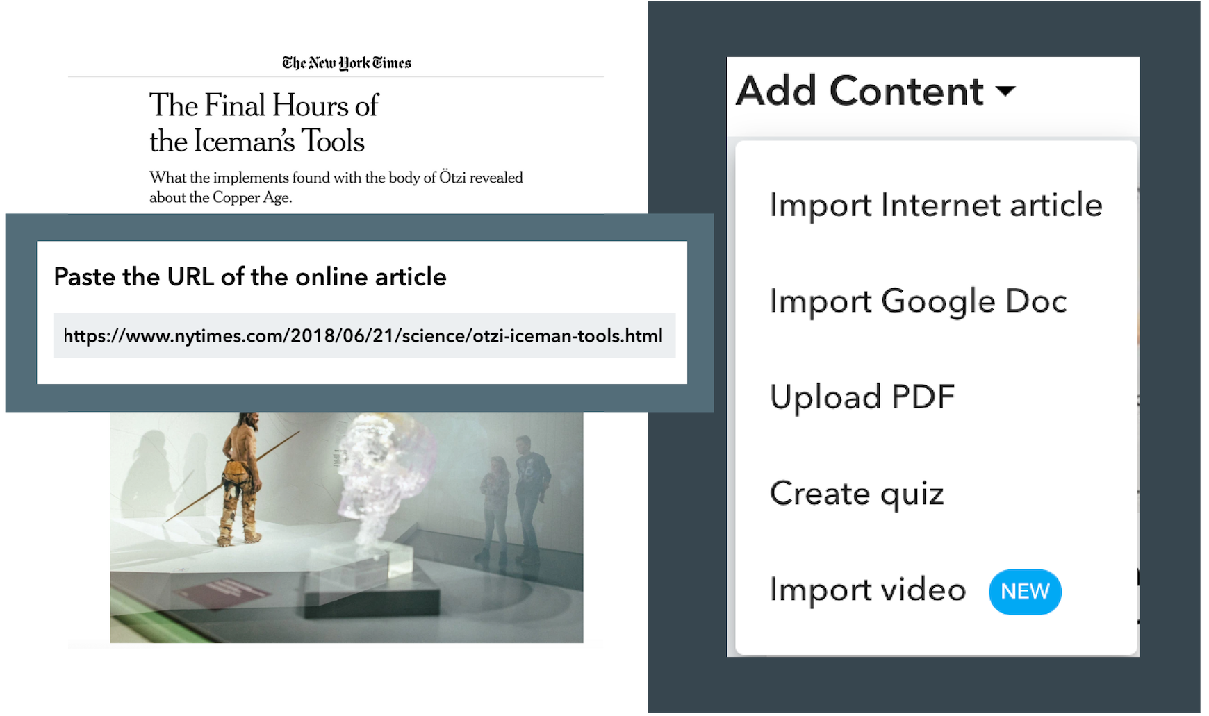 Instructions for easily importing an Internet article, importing a Google Doc, uploading a PDF, creating a quiz, and importing a video