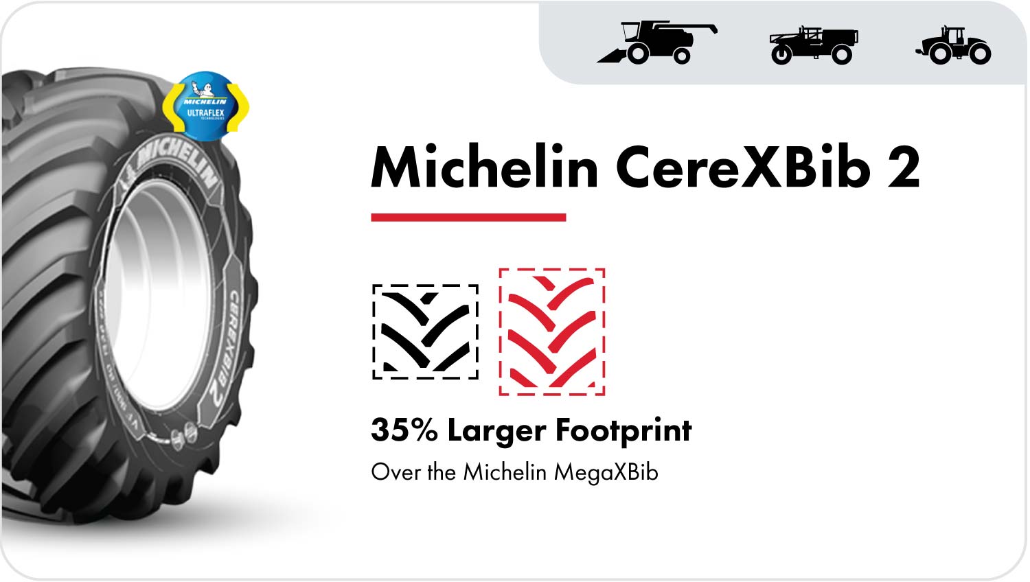 The VF Michelin CereXBib 2 with the CFO+ designation is the next generation combine tire that delivers an even larger footprint than the CereXBib and MegaXBib tires.
