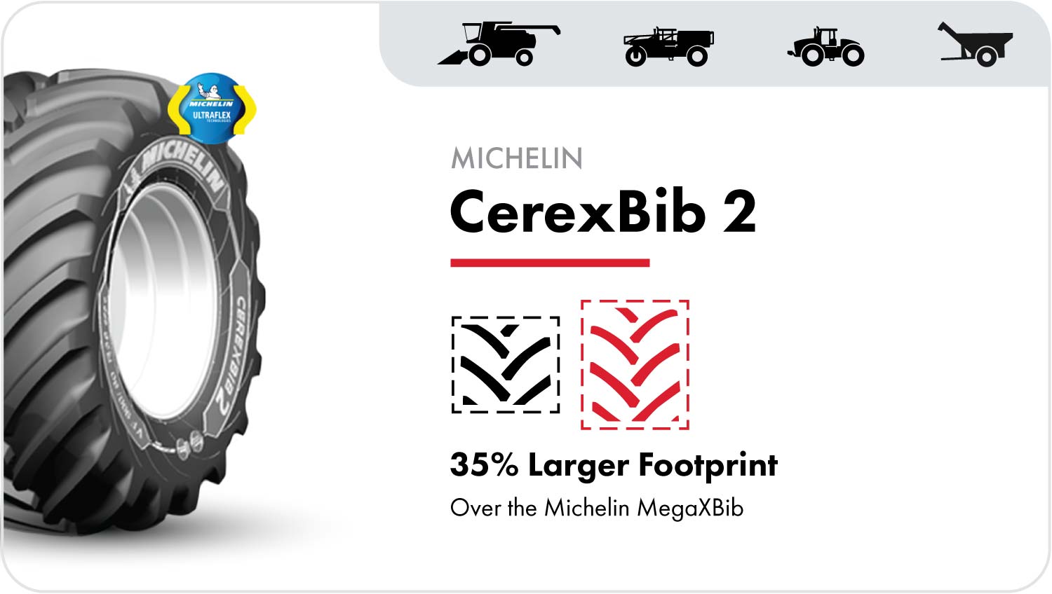 The VF Michelin CerexBib 2 with the CFO+ designation is the next generation combine tire that delivers an even larger footprint than the CereXBib and MegaXBib tires.