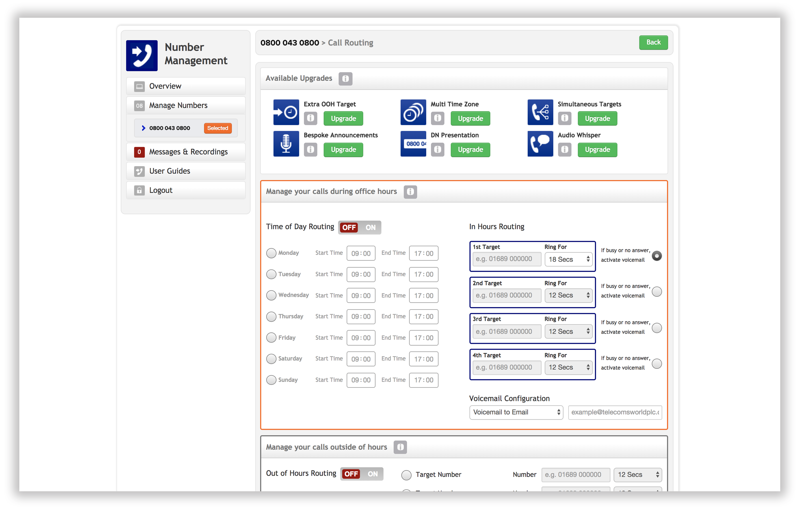 Call forwarding within and outside of working hours if calls cannot be answered