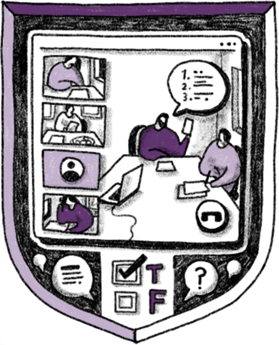 a purple crest showing two people at an office table during a user interview