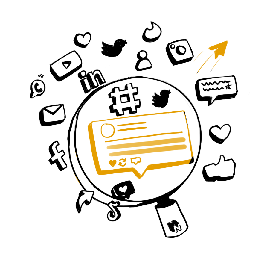 About Nendo Illustration with social media icons and services icons