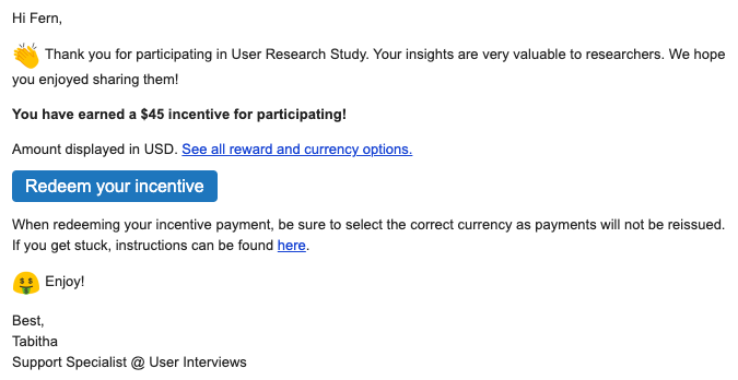 incentives payout email from user interviews