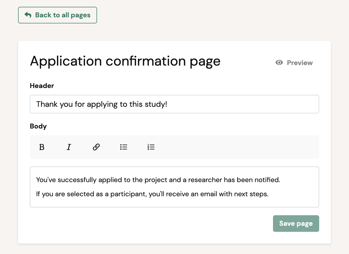 default confirmation page for research study application via user interviews