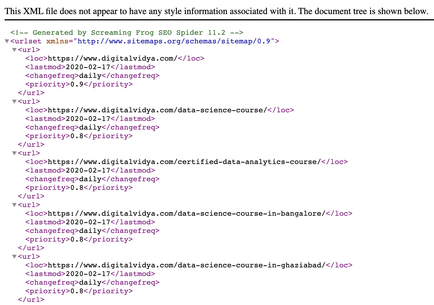 example of an XML sitemap document tree without style information 