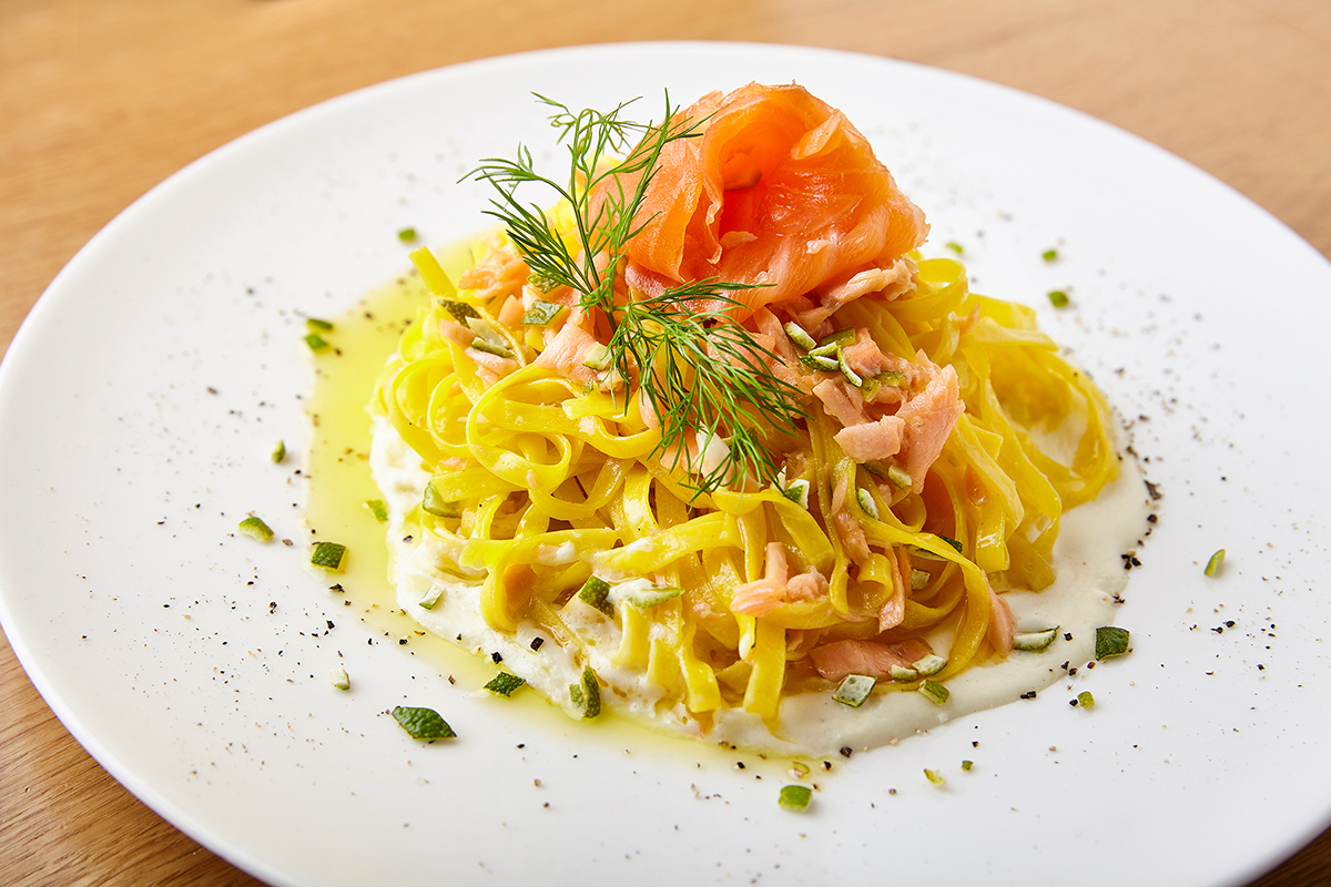 Tagliolini Fresh Egg Pasta with Smoked Wild Salmon, Lemon, Dill and Yoghurt Sauce