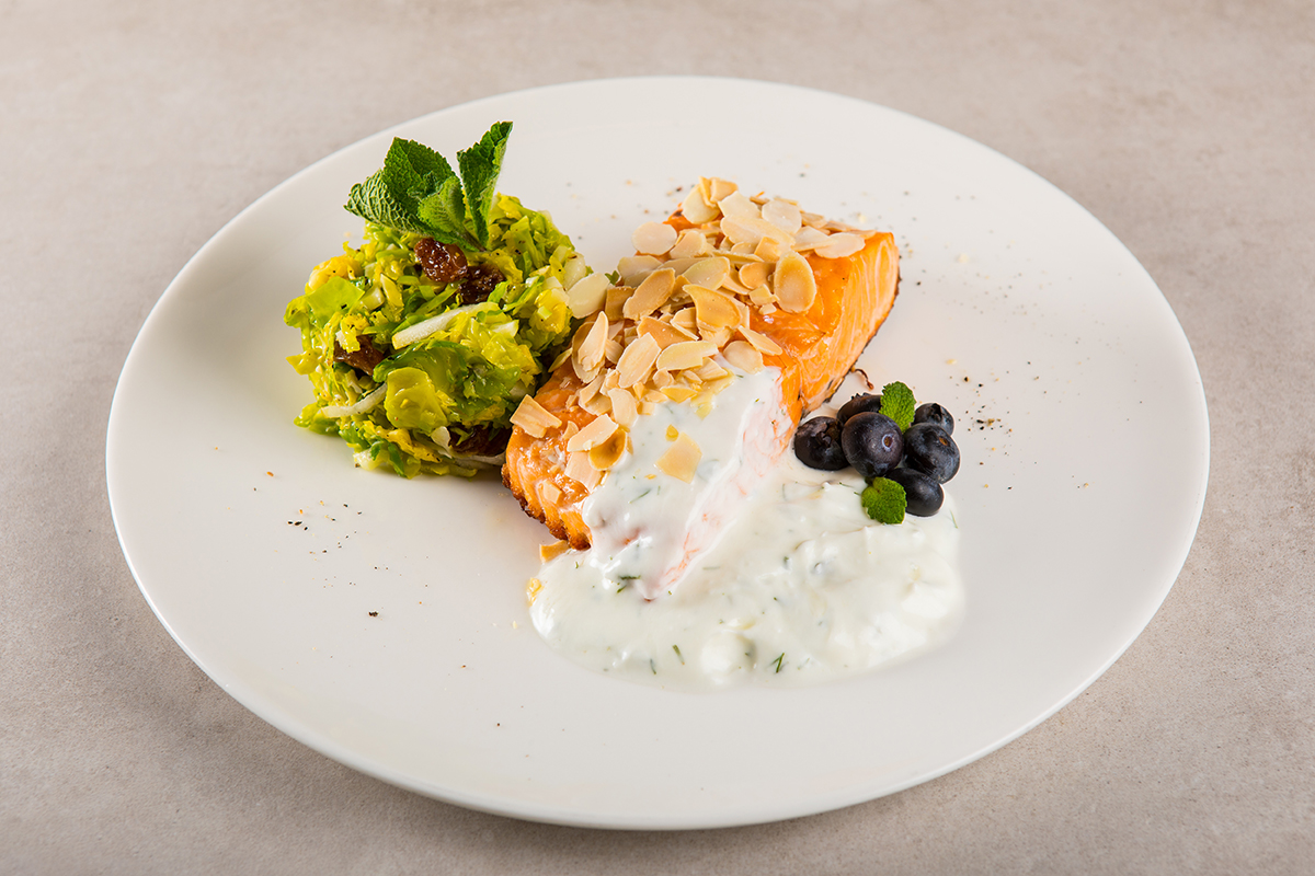 Seared Scottish Salmon, Sprouts served with Buffalo Yoghurt Sauce, Blueberries, Almonds