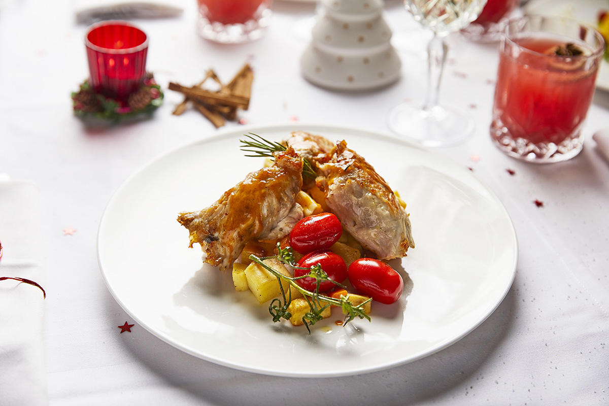 Christmas Special Menu: Turkey Meat filled with Parma Ham, Sausage, Smoked Mozzarella, served with Mixed Root Vegetables