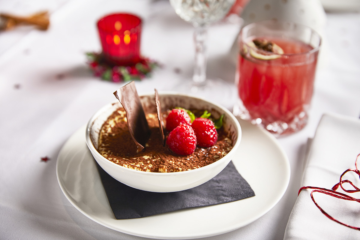 Christmas Special Menu: Our Tiramisu Traditional Recipe with Chocolate Flakes and Fresh Raspberries