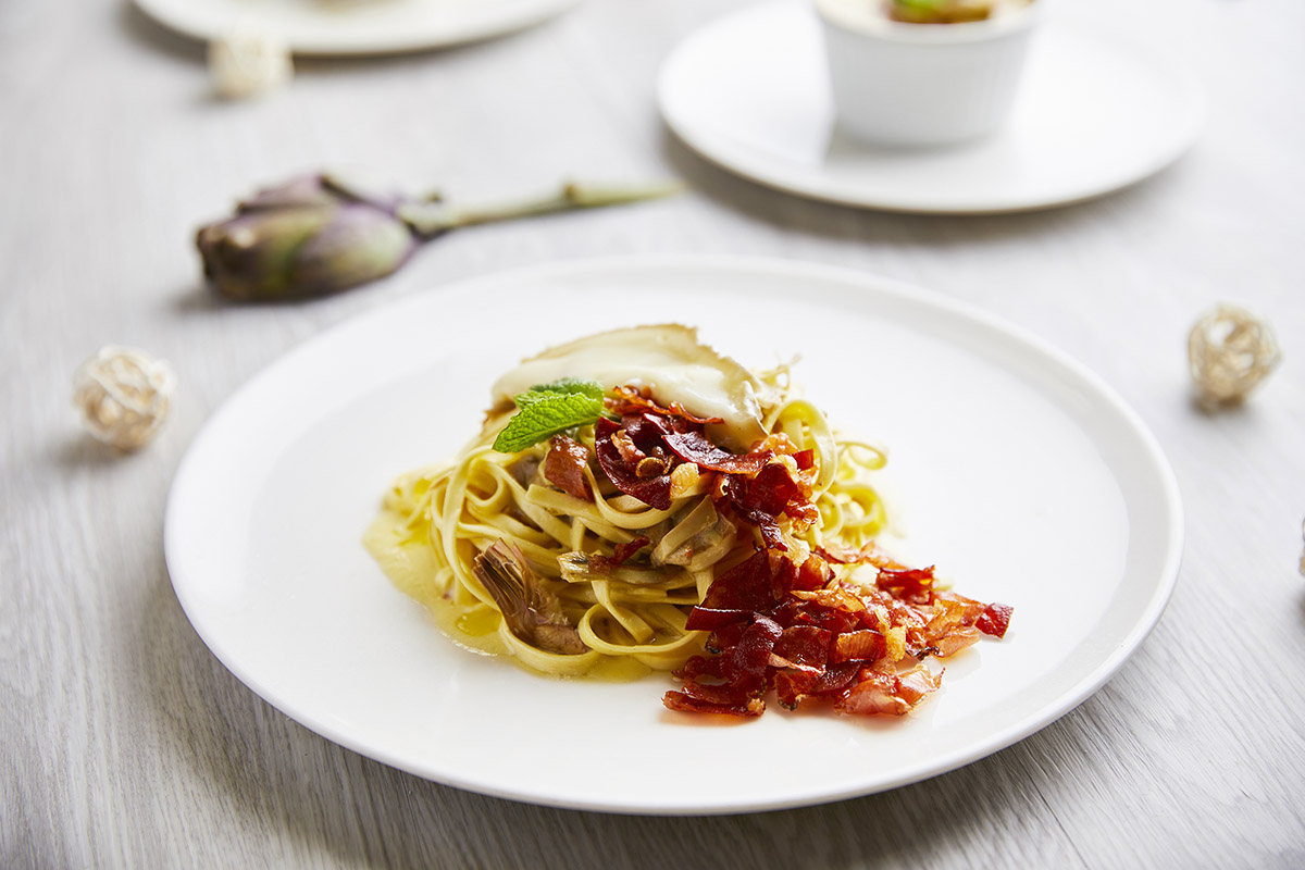 Tagliolini Egg Pasta with Artichokes and Speck dell'Alto Adige IGP