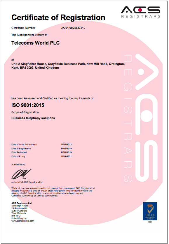 Telecoms World has been successful in obtaining ISO 9001 accreditation again this year.