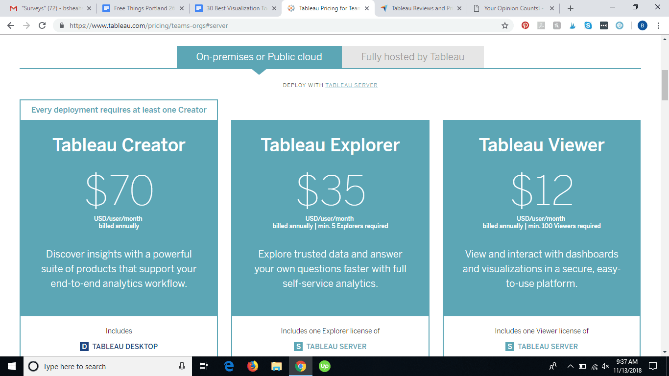 Screenshot from Tableau website. Pricing page