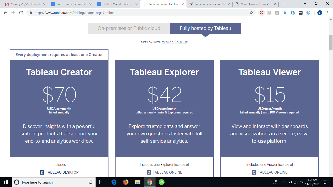 Screenshot from Tableau website. Pricing page