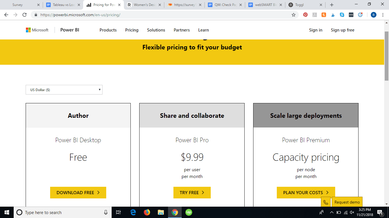 Screenshot from Power BI's website. Pricing page