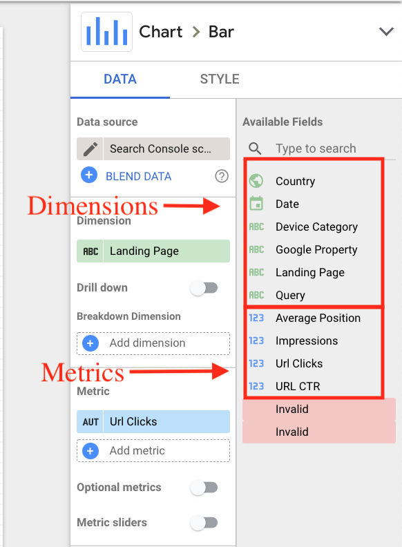 Data Studio dimensions and metrics