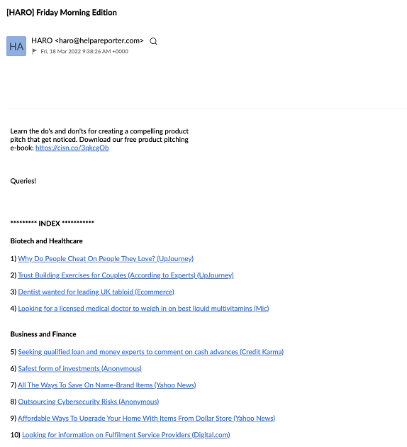 HARO request email