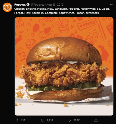 Popeye's 2019 Tweet on its chicken burger
