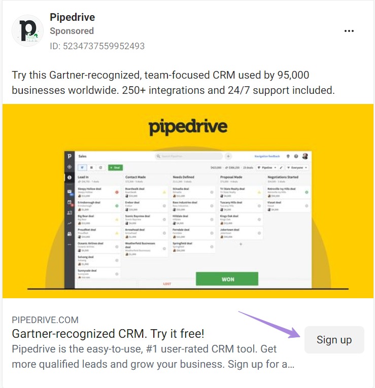 Pipedrive ad on Facebook for a product marketing campaign