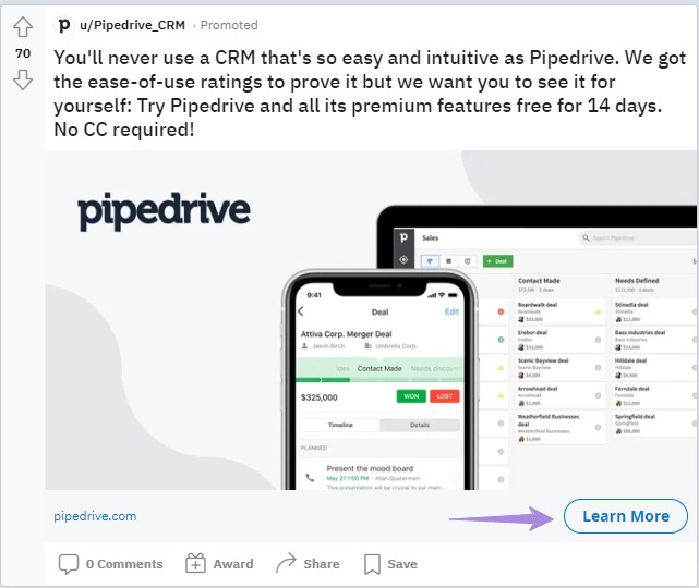 Pipedrive ad on Reddit that leads to a landing page with UTM parameters