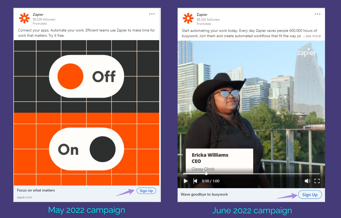 Two Zapier ads on LinkedIn with UTM-tagged links