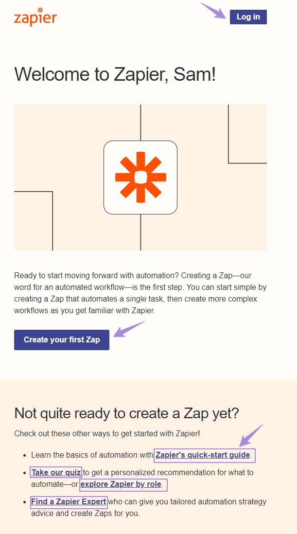 Zapier's first onboarding email with multiple UTM-tagged CTAs
