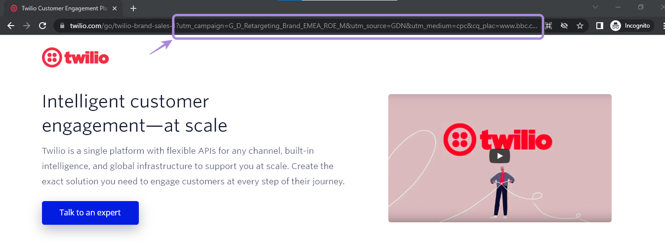 Twilio's retargeting ad uses UTM parameters