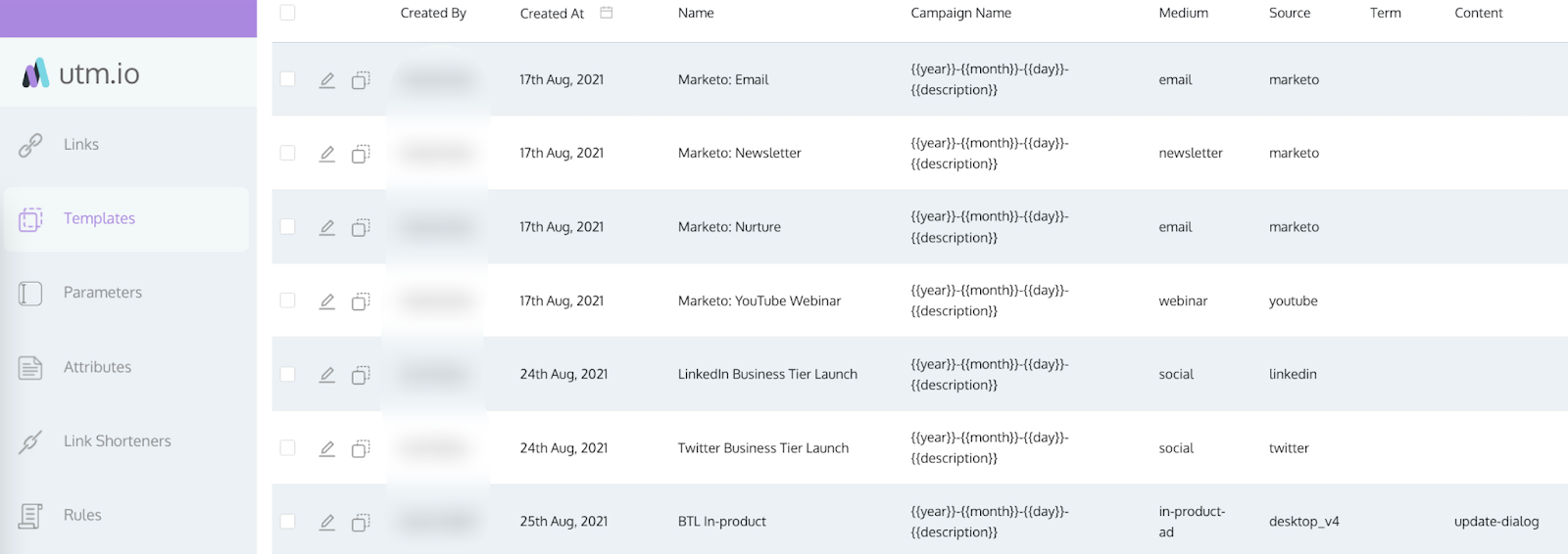 UTM.io's template module for building product marketing UTMs