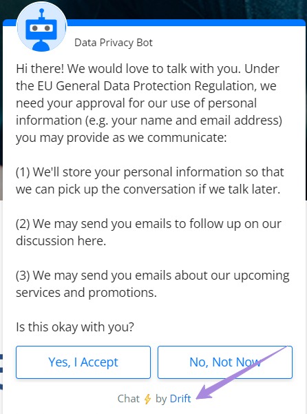 Drift uses a UTM-tagged URL on chatbots in partner site