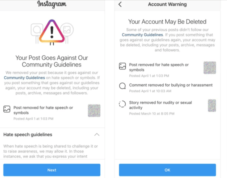 Instagram warning on spammy content