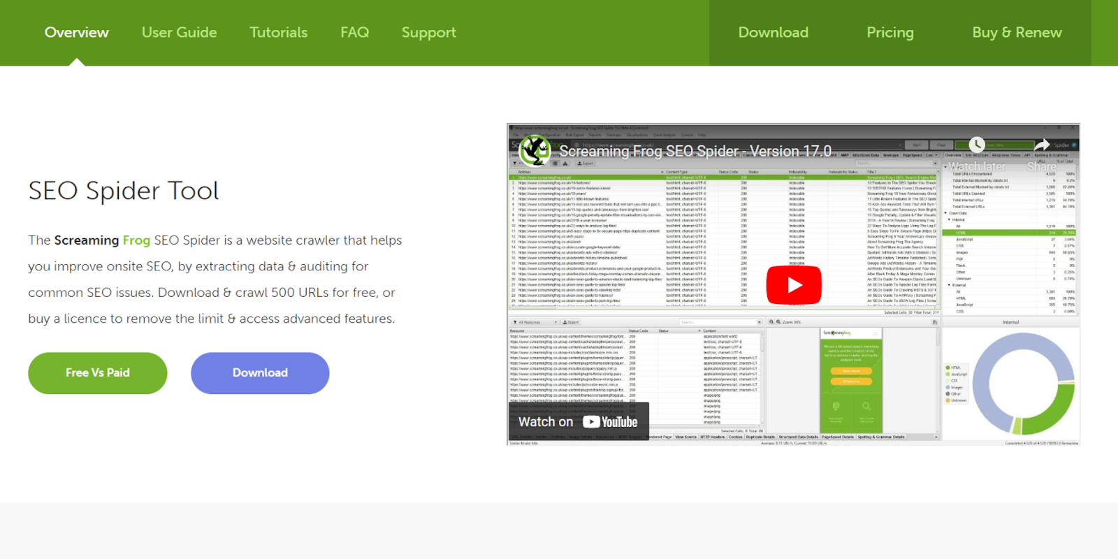 Screaming Frog website with the SEO Spider Tool description.