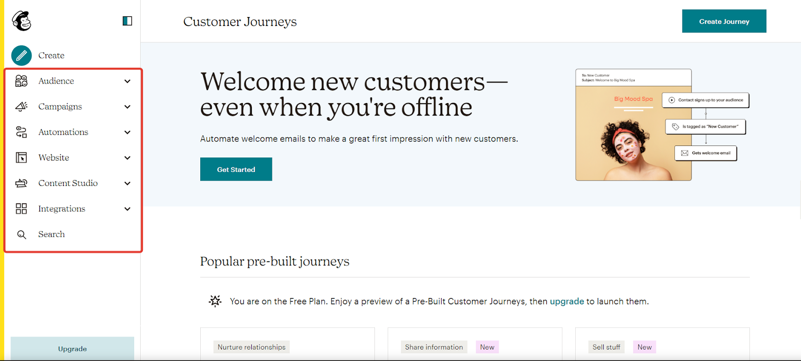 Mailchimp website main page, featuring all its functions.