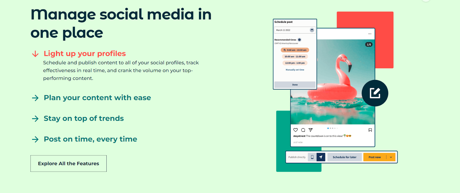Hootsuite website main page, featuring its primary functions.