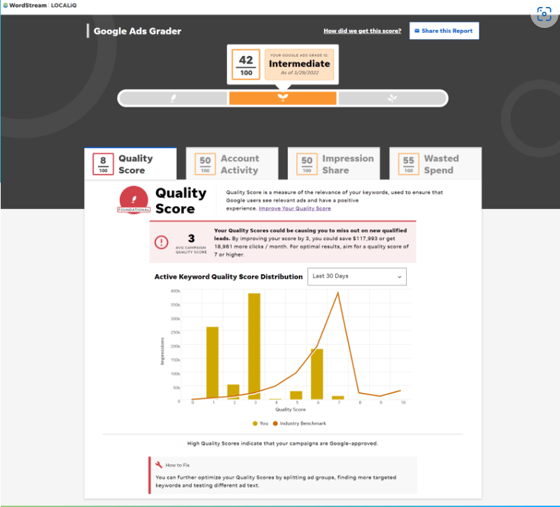 An example of Google Ads Grader report describing the benefits of the platform.