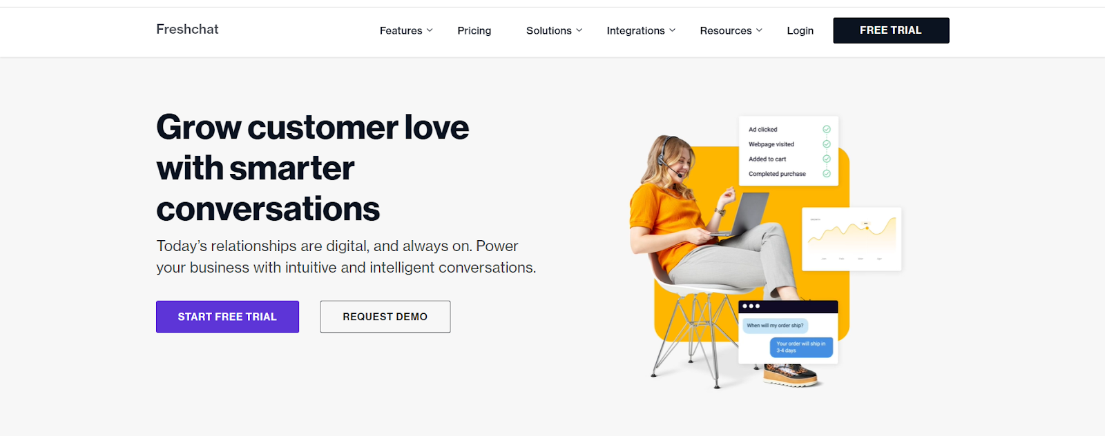 Freshchat main page with the text saying 'grow customer love with smarter conversations.'
