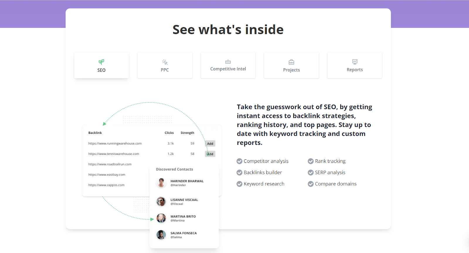 SpyFu website page with a list of ways the platform assists in SEO optimization.