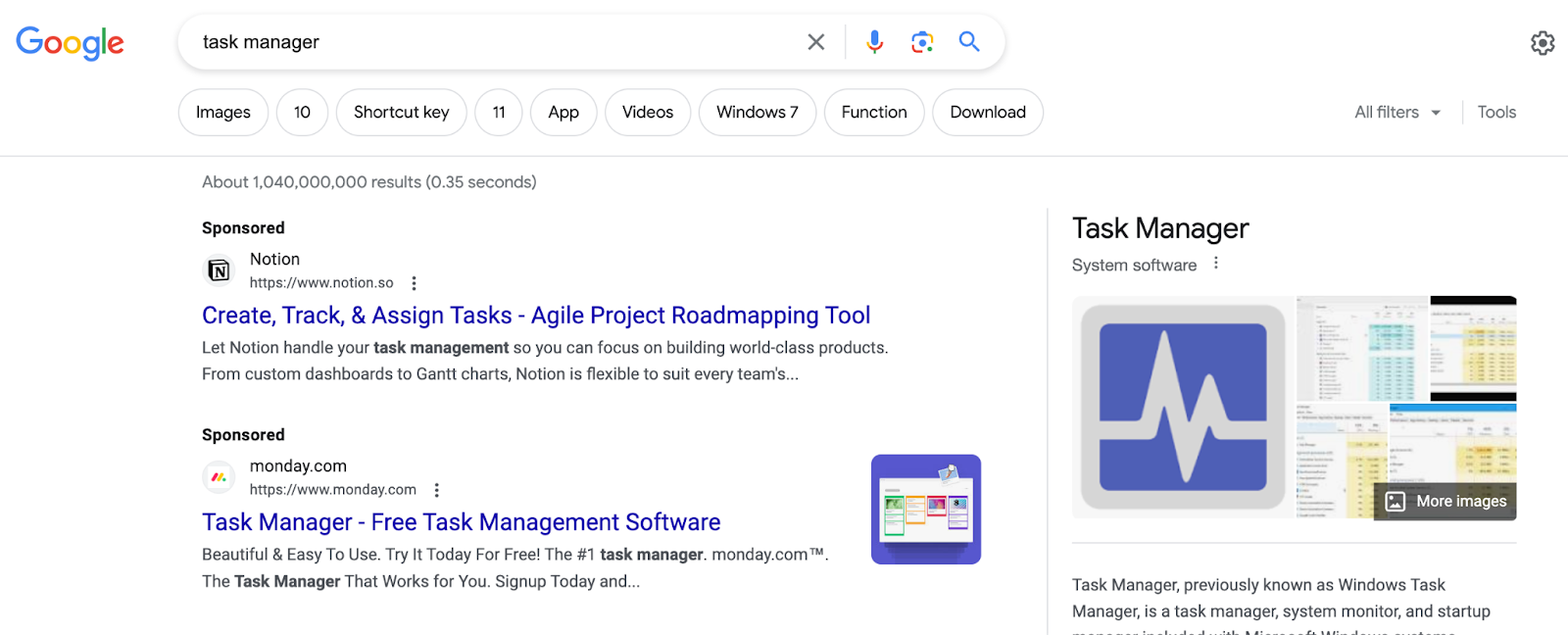مثال لإعلانات البحث المدفوعة للكلمة الرئيسية "مدير المهام"