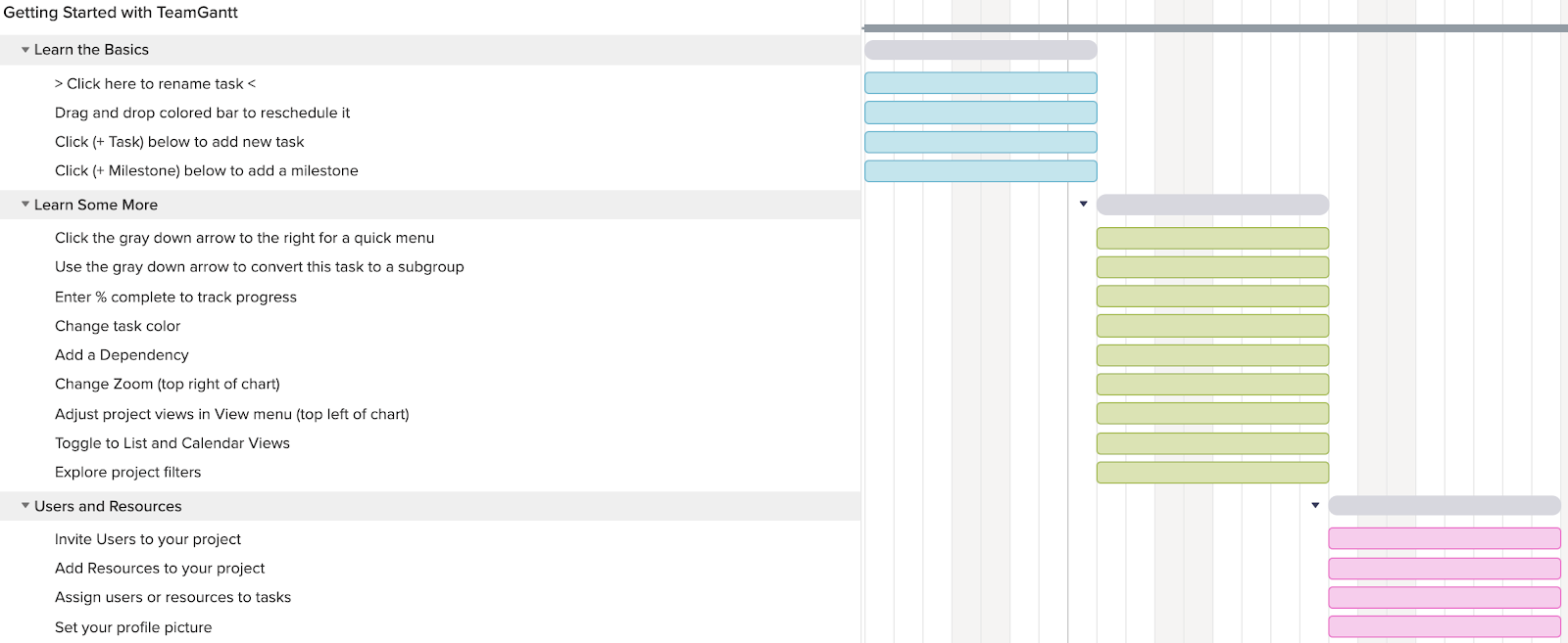 Interactive tutorial template for using gantt charts in TeamGantt