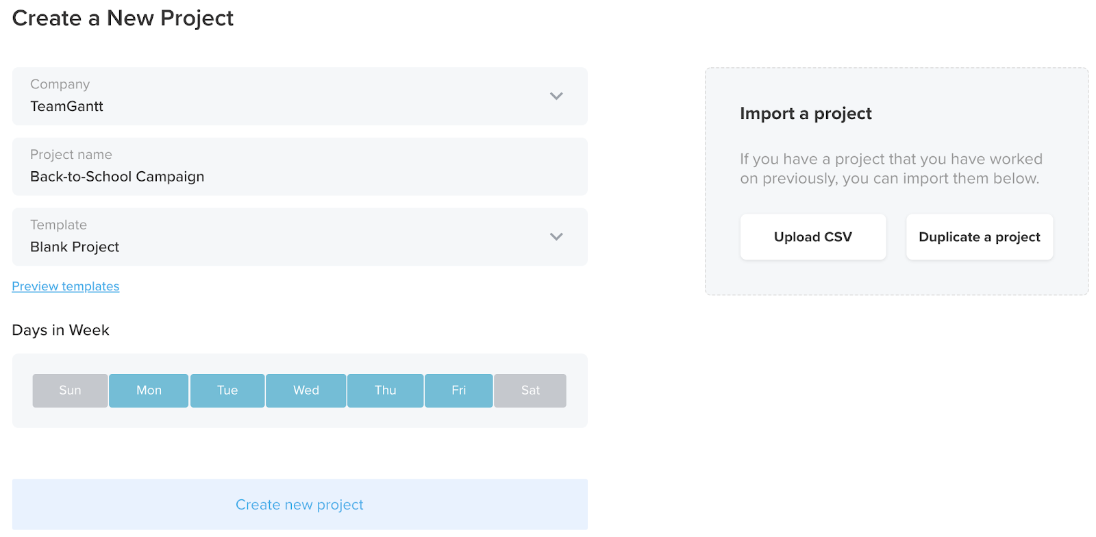 Create a New Project screen in TeamGantt