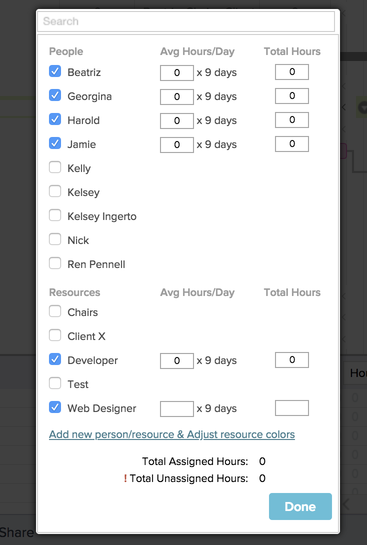 Assigning hours to team members and tasks at the same time in TeamGantt