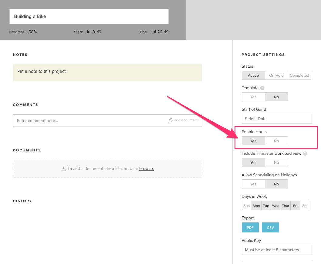 Enable estimated hours in project settings in TeamGantt