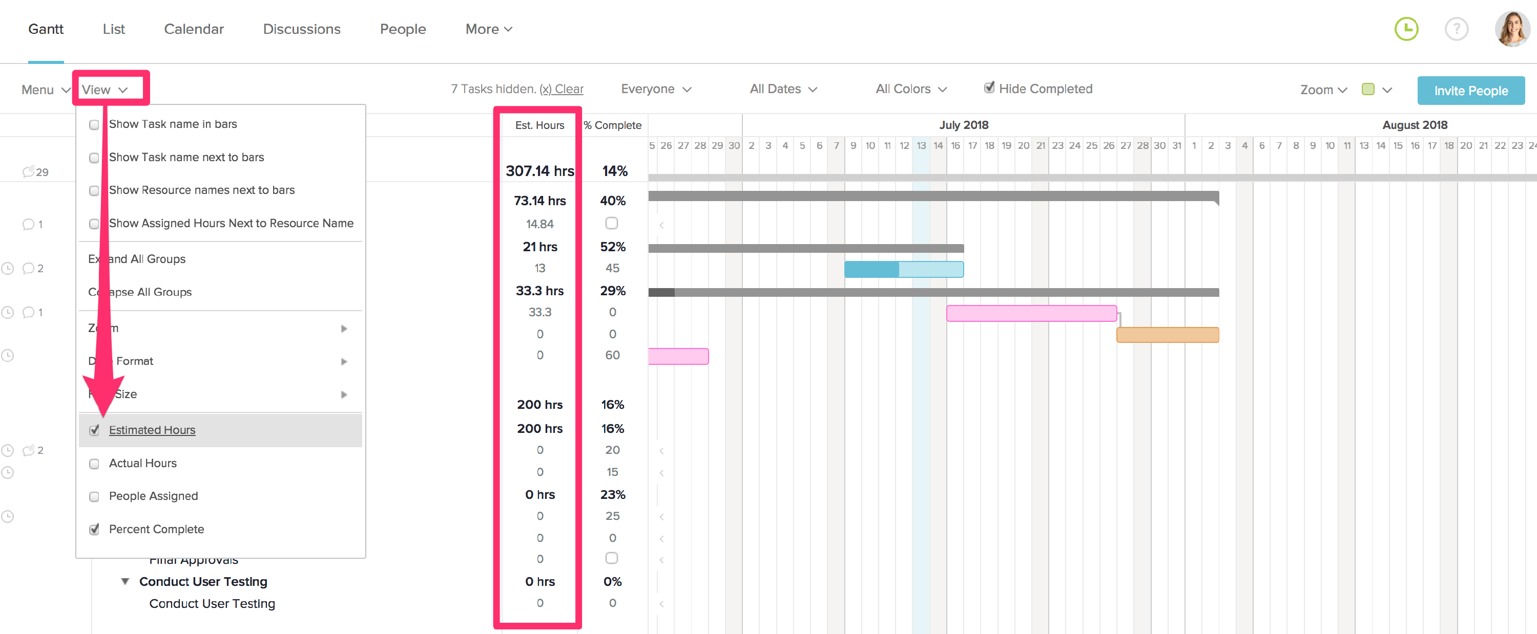 Enable estimated hours on the gantt chart in TeamGantt