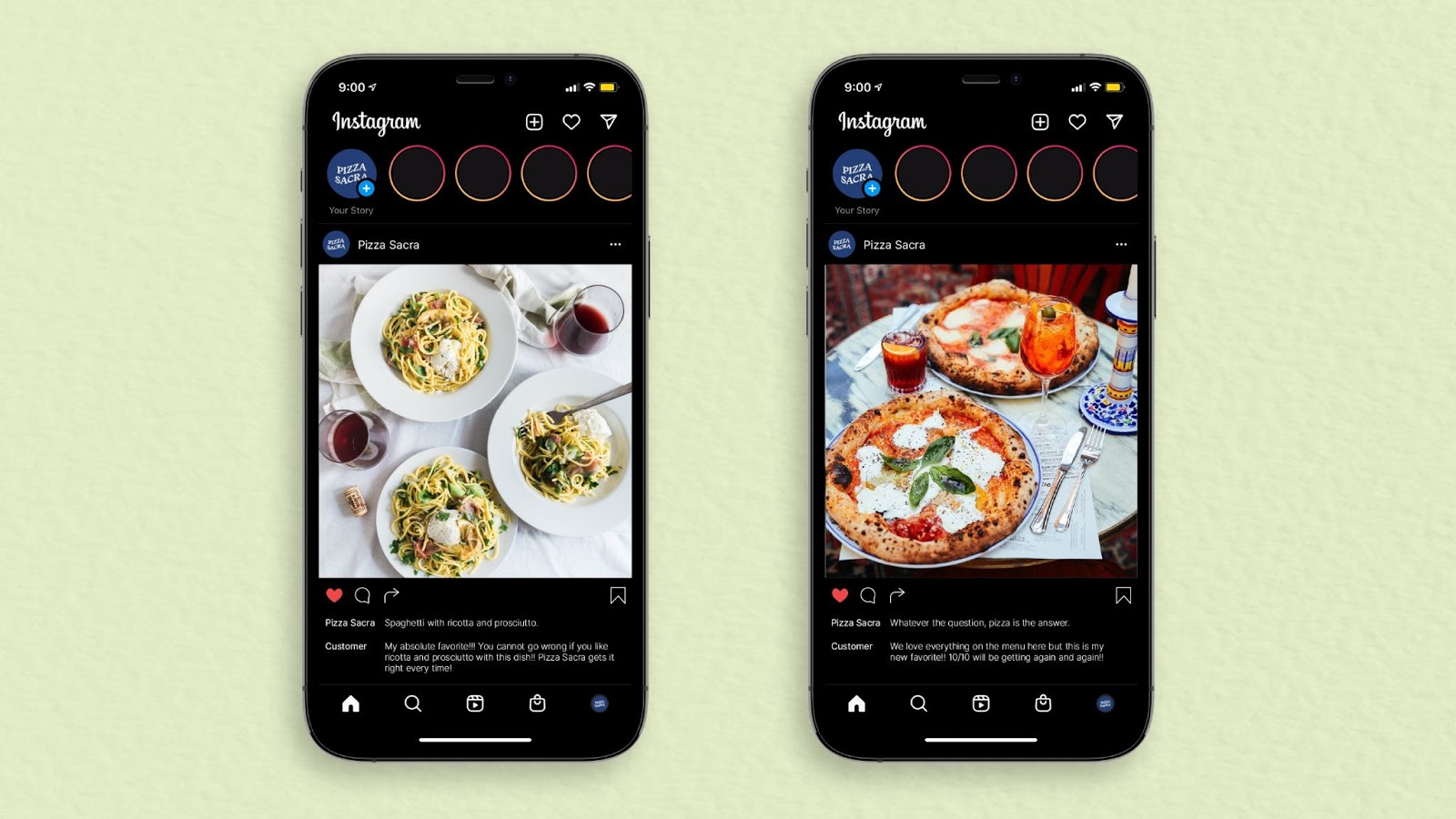 Two phones with a pizza restaurant's instagram feed, showing pasta on one phone and pizza on the other.