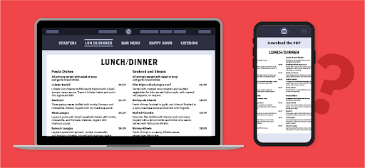 A PDF lunch & dinner menu on both a laptop and mobile phone show how difficult PDF menus can be to read.