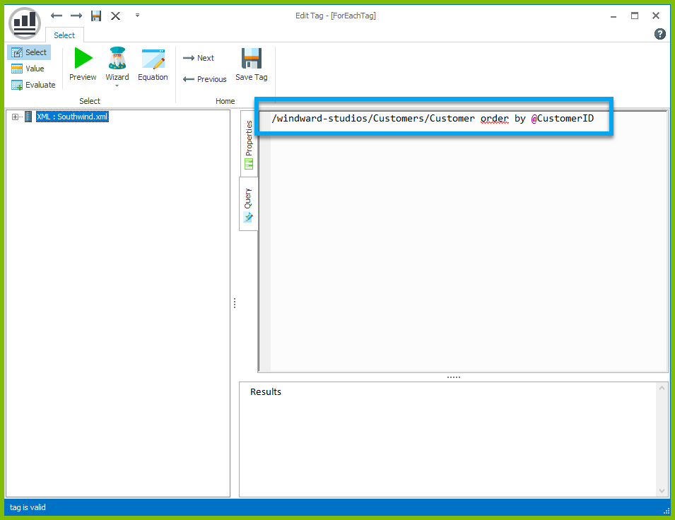 Windward's Tag Editor querying a XML datasource for company names and IDs.