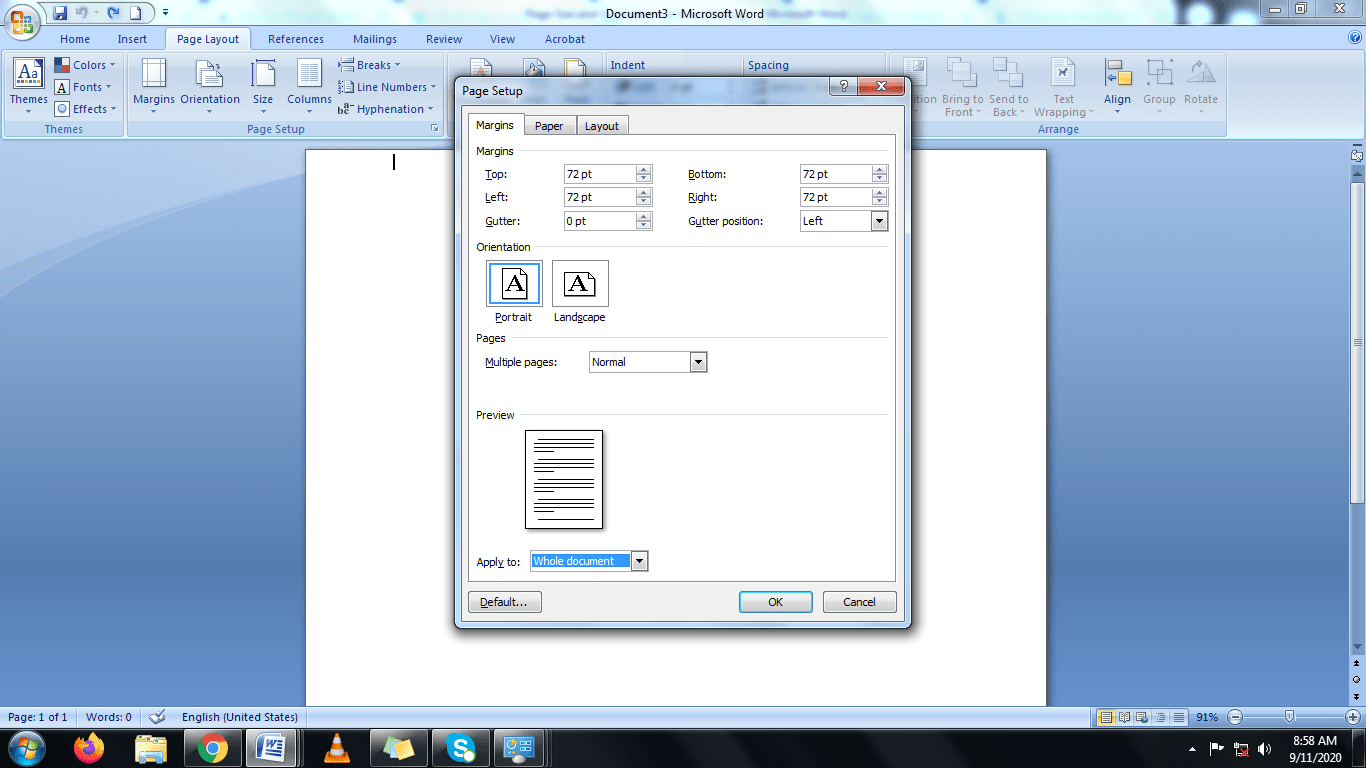 assignment page size in ms word